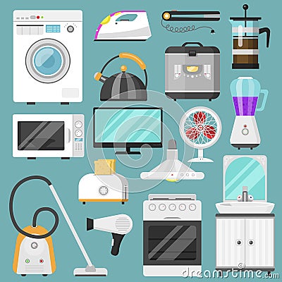 Electronic household appliances vector kitchen homeappliance for house set refrigerator or washing machine in electric Vector Illustration