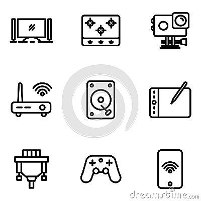 Electronic icon set include monitor,action camera,router,adapter,joystick Vector Illustration