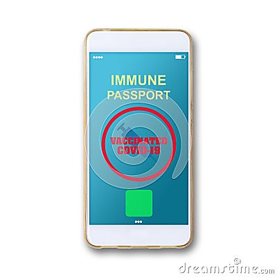 Electronic Immunity passport with a COVID-19 vaccination stamp on a smartphone screen. Isolated. For people vaccinated against Stock Photo
