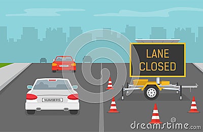 Electronic Led board indicating road work. Digital portable road sign. Vector Illustration