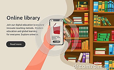 Electronic library store. Cellphone app. Smartphone technology for book reading. Digital bookshelf. Online literature Vector Illustration