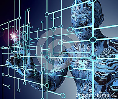 Electronic man pressing virtual computer screen Stock Photo