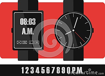 Electronic and mechanical wrist watch, classic or technology Vector Illustration