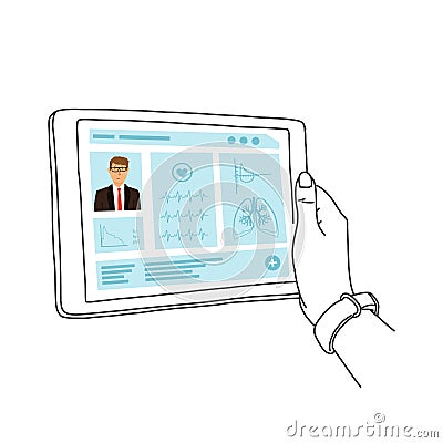 Electronic medical record, hands hold tablet. Vector Illustration