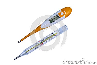 Electronic and mercury thermometers isolated on a white background. Healthcare and medicine concept Stock Photo