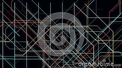 Electronic metro map. Animation. Neon lines move along specified route and create schematic animation on black Stock Photo