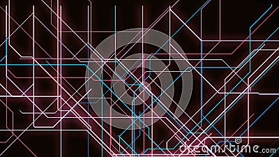 Electronic metro map. Animation. Neon lines move along specified route and create schematic animation on black Stock Photo