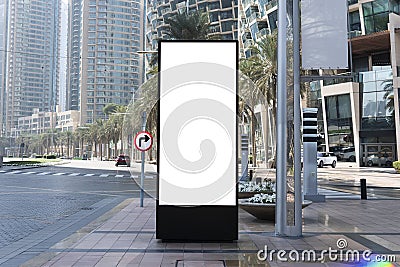 Electronic modern empty scoreboard on the background of a city street. copy space. Blank mock up of vertical street Stock Photo