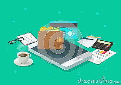 Electronic money audit via cellphone or mobile phone vector icon, flat cartoon smartphone and cash income research or Vector Illustration