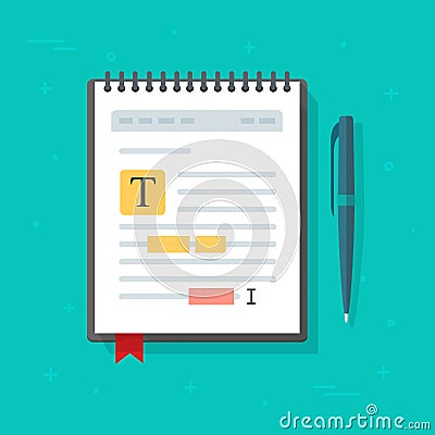 Electronic note pad or note book with text file content editing vector icon, flat cartoon creating online notes or Vector Illustration
