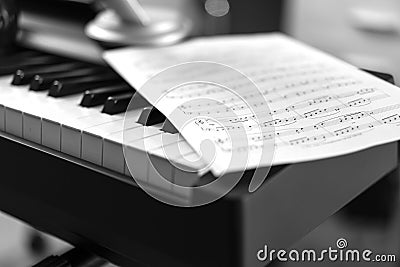Electronic piano and musical sheet . Black and white photo, Musical Background Stock Photo