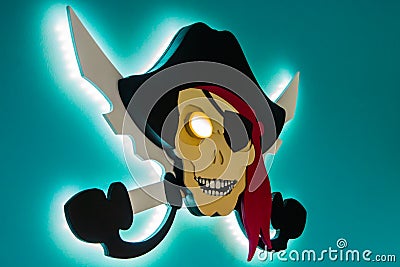 Electronic piracy. The theft of intellectual property. Jolly Roger in a modern style. Stock Photo