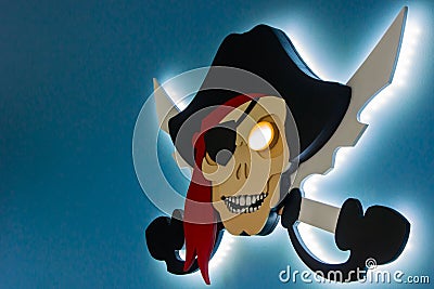 Electronic piracy. The theft of intellectual property. Jolly Roger in a modern style. Place for your text. Stock Photo