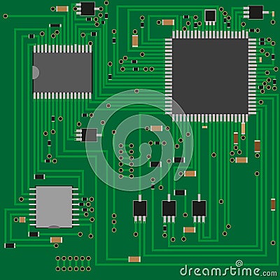 Electronic printed circuit Board . Electronics technology . Chip , resistance ,transistor , resistor . Vector illustration . Cartoon Illustration