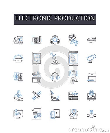 Electronic production line icons collection. Computer manufacturing, Digital fabrication, Video synthesis, Audio Vector Illustration