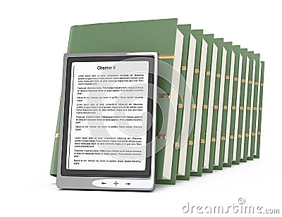 Electronic reader and stack of books Stock Photo