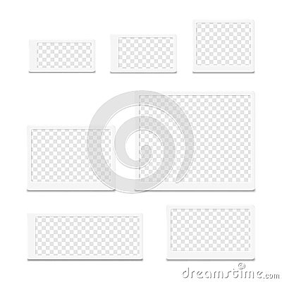 Electronic shelf label with transparent screen. Mockup set. Isolated white e-paper display for retail store price tags. Mock-up Vector Illustration