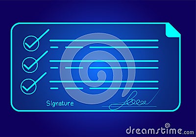 Concept Electronic Signature : Electronic Signing of Digital Documents on Virtual Laptop Screen Vector Illustration