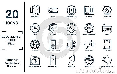 electronic.stuff.fill linear icon set. includes thin line video camera, macro, objective, photo camera with flash, brightness Vector Illustration