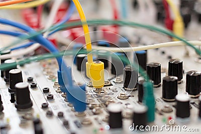 Electronic, technology and cables - analog synthesizer Stock Photo