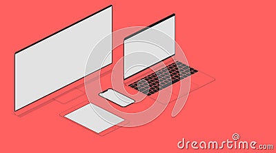 Electronic technology in isometry with one red color. Monitor laptop smartphone and tablet with white screen on the table. Mockup Vector Illustration