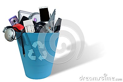 Electronic Waste broken or damage In Recycle bin isolated on white background Stock Photo