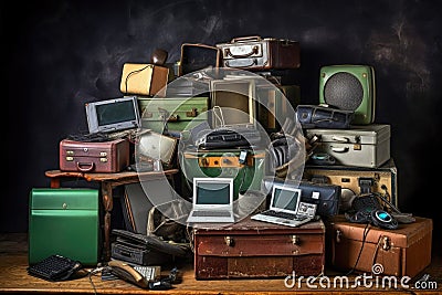 electronic waste collection, including old phones and laptops Stock Photo