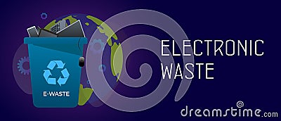 Electronic waste management horizontal banner concept - waste recycle container bin with old electronic equipment Vector Illustration