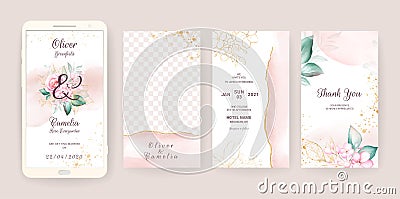 Electronic wedding invitation card template set with watercolor and gold floral. Flowers illustration for social media stories, Vector Illustration