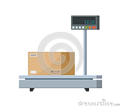 Electronic weight scale for cargo. Industrial scale for parcel box. Balance machine for weigh of box. Weight platform equipment Vector Illustration