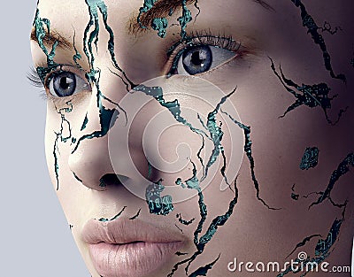 Electronic woman or female cyborg on binary background,3D illust Cartoon Illustration