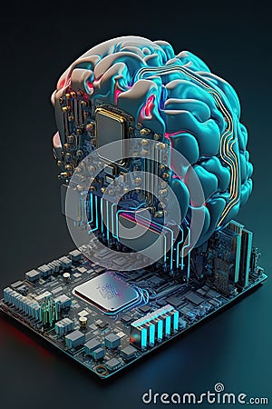 Electronics AI brain Connecting human brain to computer mother board, Robot intelligence concept. Stock Photo