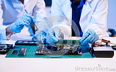 Electronics assembly and RAM installation with high-tech components. Ideal for showcasing advanced technology Stock Photo