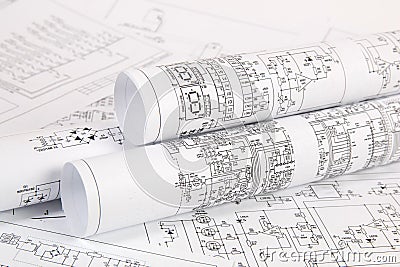 Printed drawings of electrical circuits. Science, technology and electronics. Stock Photo