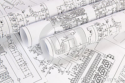 Printed drawings of electrical circuits. Science, technology and electronics Stock Photo