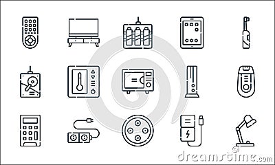 electronics line icons. linear set. quality vector line set such as desk lamp, buttons, calculator, power bank, plug, hard drive, Vector Illustration