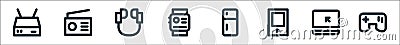 electronics line icons. linear set. quality vector line set such as gamepad, laptop, mp player, refrigerator, smartwatch, earphone Vector Illustration