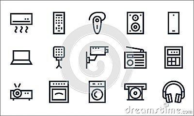 electronics line icons. linear set. quality vector line set such as headphone, washing machine, projector, cd player, oven, laptop Vector Illustration