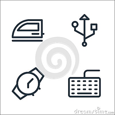 Electronics line icons. linear set. quality vector line set such as keyboard, watch, data cable Vector Illustration