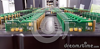 Electronics Manufacturing Services, Assembly Of Circuit Board arrangement, close-up of the raw of PCBA in tray Stock Photo