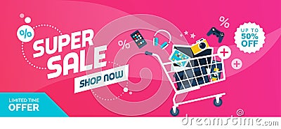 Electronics promotional sales banner with shopping cart Vector Illustration