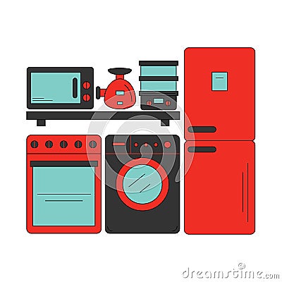 Electronics store. Home appliances on store shelves. Vector Illustration