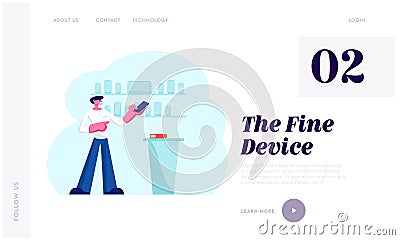 Electronics Store Retail Gadgets Business Website Landing Page. Sales Manager in Mobile Phone Shop Presenting Smartphone Vector Illustration