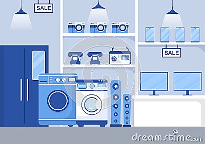 Electronics Store that Sells Computers, TV, Cellphones and Buying Home Appliance Product in Flat Background Illustration Vector Illustration