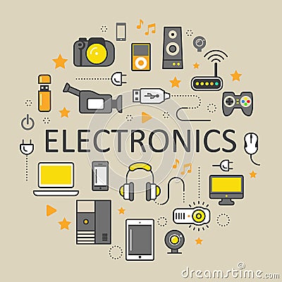 Electronics Technology Line Art Thin Icons Set with Computer and Gadgets Vector Illustration