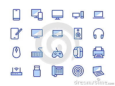 Electronics, Technology Store Blue Line Icon. Vector Illustration Flat style. Included Icons as Tv, Computer, Phone Vector Illustration