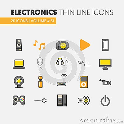 Electronics Technology Thin Line Icons Set with Computer and Gadgets Vector Illustration