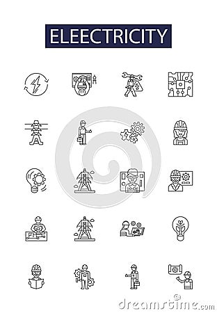 Eleectricity line vector icons and signs. current, voltage, electrostatic, watts, energy, circuit, capacitor, magnetism Vector Illustration