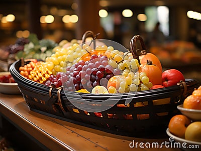 leaves and fruits in a beautifully composed basket. Stock Photo