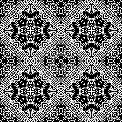 Elegance black and white line art tracery vector seamless pattern. Greek style ornamental ethnic background. Paisley Vector Illustration